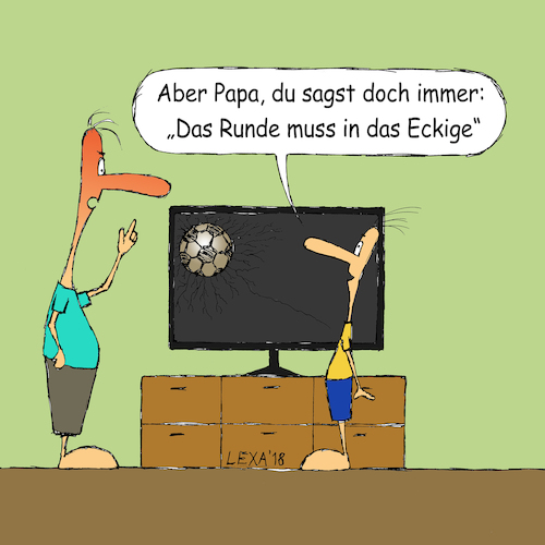 Cartoon: lexatoon Runde ins Eckige (medium) by lexatoons tagged lexatoon,das,runde,muss,ins,eckige,tor,fußball,fernseher,kaputt,lexatoon,das,runde,muss,ins,eckige,tor,fußball,fernseher,kaputt