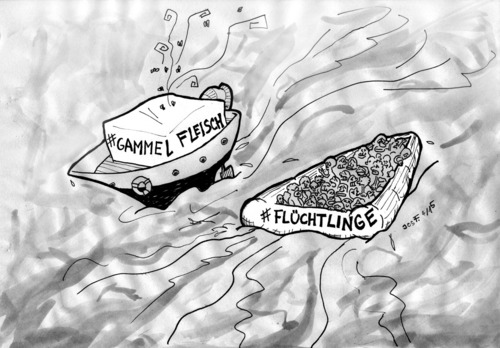 Cartoon: Ungeliebt nach oder aus Afrika (medium) by Jos F tagged flucht,billigfleisch,gammelfleisch,afrika,emmigration,seenot,refugeeswelcome