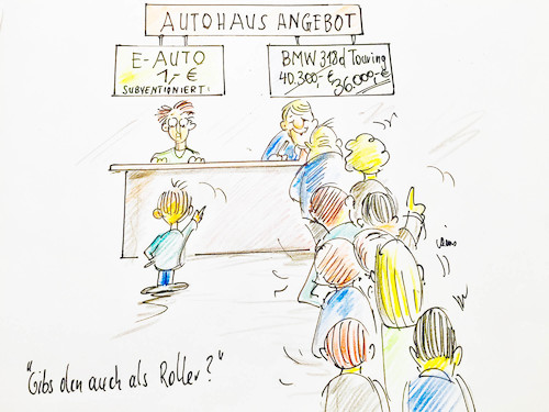 Cartoon: Keiner kauft E-Autos (medium) by kugel2020 tagged eauto,auto,bmw,elektroauto,pkw,eroller,fahren,angebot,alternativ