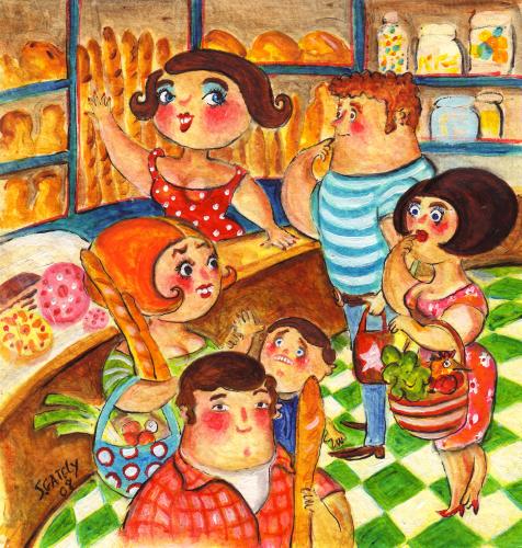 Cartoon: baker shop blues (medium) by siobhan gately tagged bakery,bread,cakes,people,france,illustration,bäckerei,bäcker,konditorei,kuchen,brot,brötche,baguette,handel,verkauf,verkäufer,kunde,einkaufen,essen,nahrung,lebensmittel,frühstück,flirt,flirten