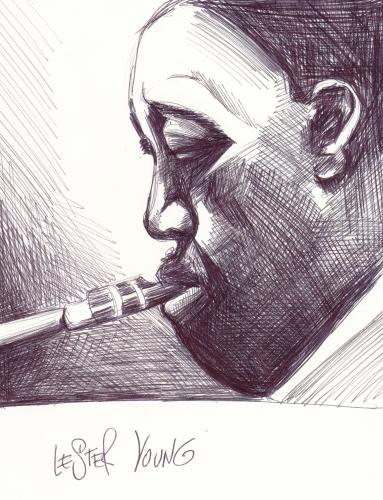 Cartoon: Lester Young (medium) by Mario Almaraz tagged jazz,saxophonist,saxophon,musiker,musik,lester young,jazz,illustration,portrait,lester,yourng,young