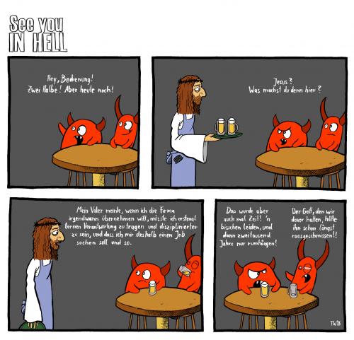 Cartoon: See you in hell (medium) by Tobias Wieland tagged see,you,in,hell,hölle,teufel,jesus,kneipe,fun,funny,humor,humour,