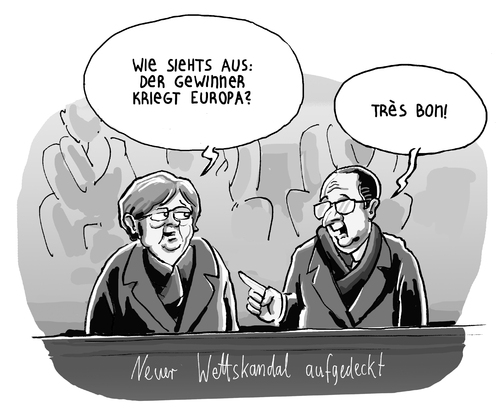 Cartoon: Vor dem EU-Gipfel (medium) by Tobias Wieland tagged eu,gipfel,merkel,hollande,fußball,deutschland,frankreich,wettskandal,wette,freundschaftsspiel,europa,euro,brüssel,haushalt