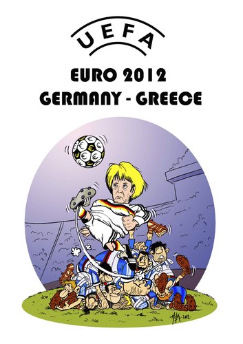 Cartoon: UEFA EURO 2012 GERMANY - GREECE (medium) by Hilmi Simsek tagged uefa,euro,2012,germany,greece,football,soccer,angela,merkel,hilmi,cartoon,caricature