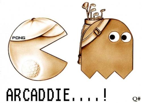 Cartoon: ARCADDIE (medium) by QUIM tagged golf,caddie,ball,arcade,die,golf,caddie,ball,arcade,pacman,geist,pong,computerspiel,fressen,klassiker,sterben,illustration,schläger