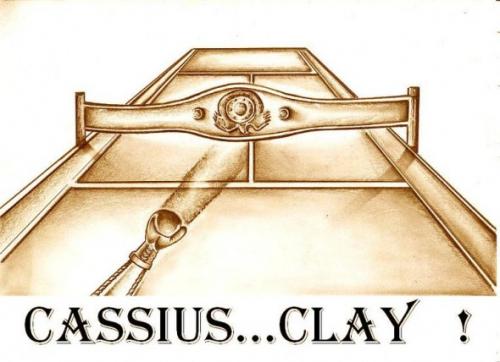 Cartoon: CASSIUS....CLAY ! (medium) by QUIM tagged boxing,tennis,,illustration,cassius,clay,muhammad,ali,boxen,sport,spielfeld,platte,bizarr,tennis,tischtennis,mix