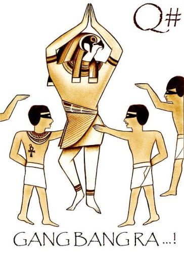 Cartoon: GANGBANGRA (medium) by QUIM tagged egypt,sun,god,ra,gang,bang,ban,gpoint,gangbang,bangra,dance,mask