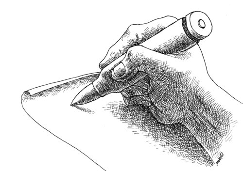 Cartoon: bullet pencil (medium) by Medi Belortaja tagged newspapers,journalism,journalist,expression,freedom,threat,writing,pencil,bullet