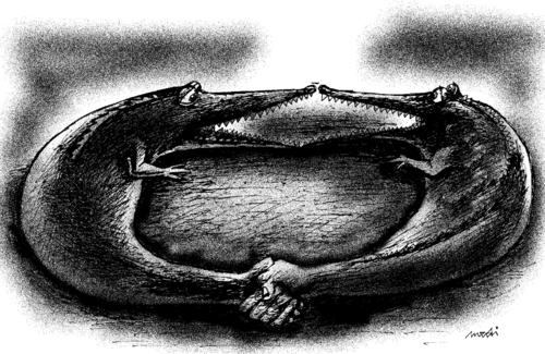 Cartoon: Crocodiles shaking hands (medium) by Medi Belortaja tagged threat,handshake,crocodiles