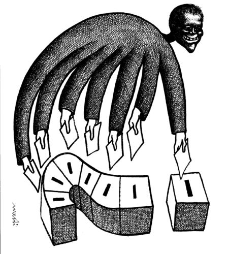 Cartoon: electoral manipulation (medium) by Medi Belortaja tagged politicians,elections,manipulation,electoral,hands,mark,question