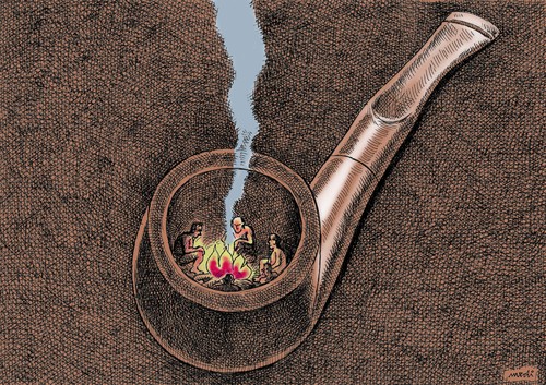Cartoon: fire in the pipe (medium) by Medi Belortaja tagged smoke,cold,warm,ancient,men,peple,pipe,flame,fire