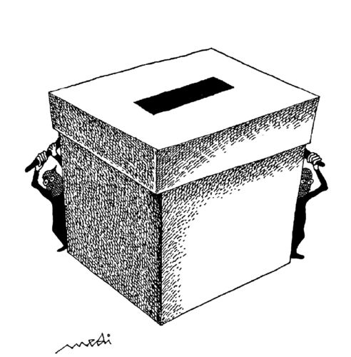 Cartoon: free elections (medium) by Medi Belortaja tagged terror,manipulation,fear,box,ballot,elections,free