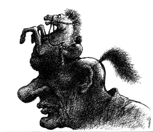 Cartoon: horseman (medium) by Medi Belortaja tagged horseman,horse,man,thinker,think,sadness,humilia