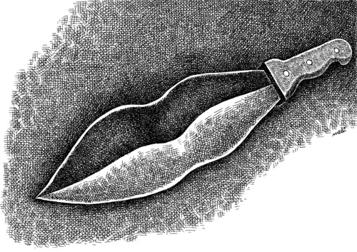 Cartoon: knife (medium) by Medi Belortaja tagged infidelity,mouth,kiss,lips,hypocrisy,knives,knife