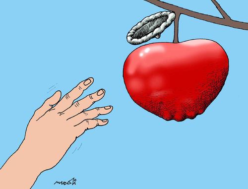 Cartoon: leaves and apple (medium) by Medi Belortaja tagged condom,love,eve,adam,apple,leaves