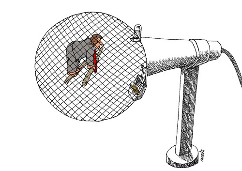 Cartoon: politician s cage (medium) by Medi Belortaja tagged microphone,cage,politician,speech,politics,jail,prison