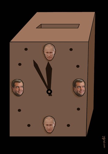 Cartoon: putin s clock (medium) by Medi Belortaja tagged elections,box,ballot,clock,russia,president,medvedev,putin