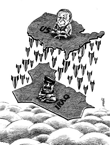 Cartoon: rain of war (medium) by Medi Belortaja tagged saddam,bush,iraq,usa,bombs,war,of,rain