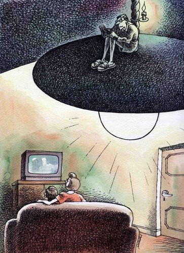 Cartoon: reading (medium) by Medi Belortaja tagged reading,book,tv,family,free,time