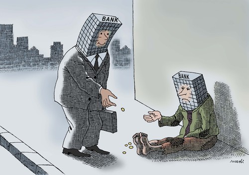 Cartoon: rich and poor banks (medium) by Medi Belortaja tagged finance,money,beggary,beggar,banks,bank,poor,and,rich