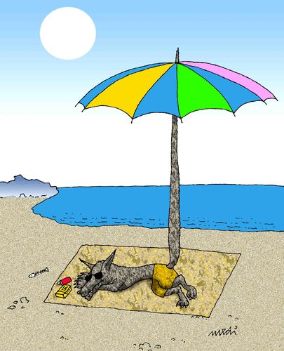 Cartoon: seaside 3 (medium) by Medi Belortaja tagged holidays,seaside,sea,wolf,tail,beach,umbrella,humor