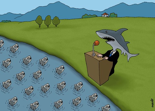 Cartoon: shark and fishes (medium) by Medi Belortaja tagged politics,speech,leader,head,peoples,people,politicians,elections,meeting,fishes,fish,shark