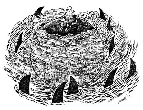 Cartoon: sharks and island (medium) by Medi Belortaja tagged earth,planet,crusoe,shark,world,globe