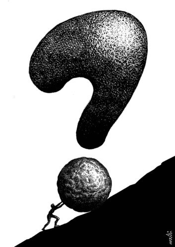 Cartoon: sisyphus (medium) by Medi Belortaja tagged boulder,stone,question,mark,sisyphus