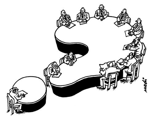 Cartoon: tables question (medium) by Medi Belortaja tagged head,negotiations,meeting,table,rounded,question,mark