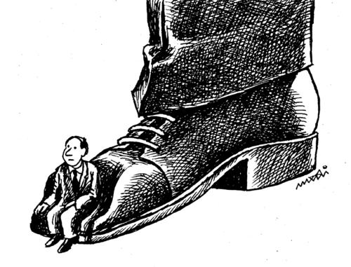 Cartoon: uncertain post (medium) by Medi Belortaja tagged sitting,people,unemployment,man,head,shoe,chair,uncertain