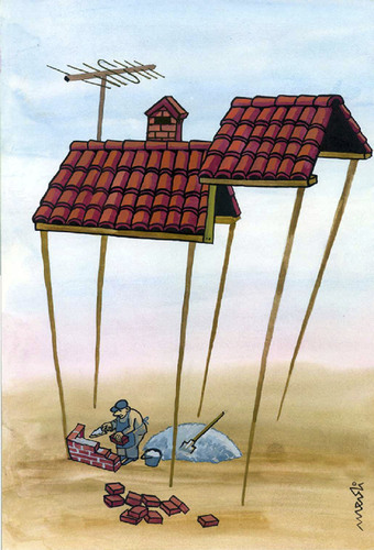 Cartoon: paradox in construction (medium) by Medi Belortaja tagged workers,roof,house,building,construction