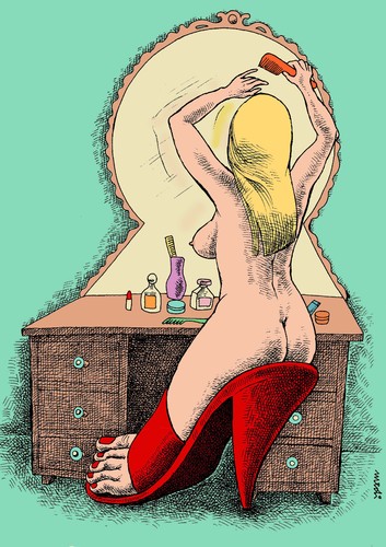 Cartoon: woman and mirror (medium) by Medi Belortaja tagged nude,slippers,mirror,combat,leg,woman