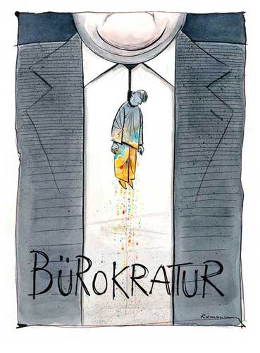 Cartoon: Bürokratur (medium) by Riemann tagged bürokratie,bureaucracy,administratin,verwaltung,kravatten,anzugträger,suits,kreativität,creativity,kunst,freiheit,art,freedom,government,regierung