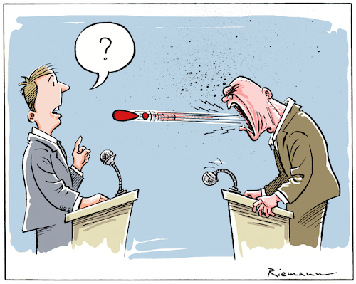 Cartoon: Darum!! (medium) by Riemann tagged diskussion,debatte,kein,argument,agression,hass,wutbürger,fakten,frage,antwort,ausrufezeichen,unsachlich,polemik,diktatur,cartoon,george,riemann,diskussion,debatte,kein,argument,agression,hass,wutbürger,fakten,frage,antwort,ausrufezeichen,unsachlich,polemik,diktatur,cartoon,george,riemann