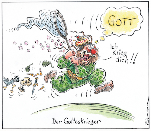 Cartoon: Gotteskrieger (medium) by Riemann tagged religion,gott,gotteskrieger,fanatiker,glauben,irrglauben,aberglaube,flucht,realität,selbsttäuschung,furcht,unbekanntes,unmenschlich,einhorn,weihnachtsmann,unterdrückung,macht,manipulation,cartoon,george,riemann,religion,gott,gotteskrieger,fanatiker,glauben,irrglauben,aberglaube,flucht,realität,selbsttäuschung,furcht,unbekanntes,unmenschlich,einhorn,weihnachtsmann,unterdrückung,macht,manipulation,cartoon,george,riemann