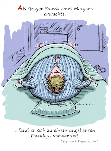 Cartoon: Kafka (medium) by Riemann tagged gewicht,körper,dick,ernährung,gesundheit,sport,bewegung,kafka,die,verwandlung,cartoon,george,riemann,gewicht,körper,dick,ernährung,gesundheit,sport,bewegung,kafka,die,verwandlung,cartoon,george,riemann