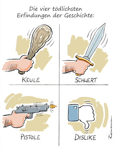 Cartoon: Tödlich (medium) by Riemann tagged waffen,gefahr,social,media,likes,dislikes,cancelling,dissen,shit,storm,facebook,instagram,tiktok,digitale,welt,geschichte,wandel,cartoon,george,riemann,waffen,gefahr,social,media,likes,dislikes,cancelling,dissen,shit,storm,facebook,instagram,tiktok,digitale,welt,geschichte,wandel,cartoon,george,riemann