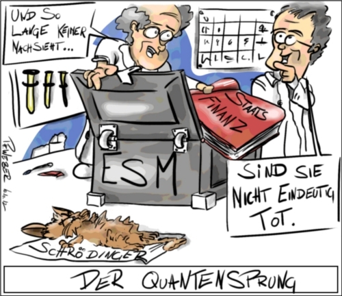 Cartoon: Physik Nobelpreis und ESM (medium) by Philipp Weber tagged esm,physik,nobelpreis,staatshaushalt,schroedingers,katze