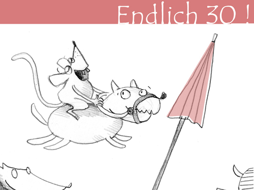 Cartoon: Endlich 30! (medium) by Silvia Wagner tagged geburtstag,dreißig,maus,mouse,birthday,thirty,dog,hund,schirm,umbrella