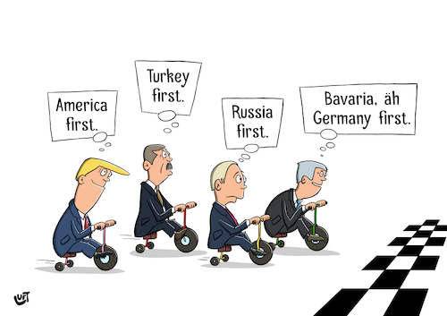 Cartoon: First (medium) by luftzone tagged thomas,luft,cartoon,lustig,erdogan,trump,putin,seehofer,politik,politiker,first,dreirad,ziel,ziellinie,rennen,egoismus,thomas,luft,cartoon,lustig,erdogan,trump,putin,seehofer,politik,politiker,first,dreirad,ziel,ziellinie,rennen,egoismus