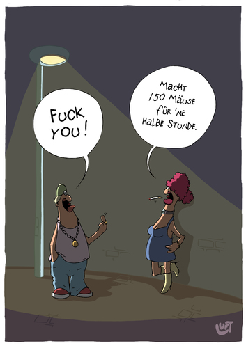 Cartoon: Fuck you (medium) by luftzone tagged cartoonalarm,cartoon,thomas,luft,luftzone,humor,comic,spaß,lustig,freude,lachen,comedy,lacher,brüller,zeichnung,sprechblase,karikatur,nutte,prostituierte,lampe,laterne,licht,mann,rapper,kette,zigarette,geld,mäuse,bezahlung,fuck,you,stinkefinger,prostituierte,bezahlung,rapper,job,arbeit,manieren,freier