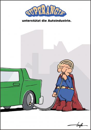 Cartoon: Superangie und Autoindustrie (medium) by luftzone tagged superangie,bundeskanzlerin,angela,merkel,autoindustrie,autos,superman,auto,autoindustrie,industrie,angela merkel,cdu,bundeskanzler,superman,held,bundeskanzlerin,superangie,luft,aufpumpen,pusten,unterstützung,angela,merkel