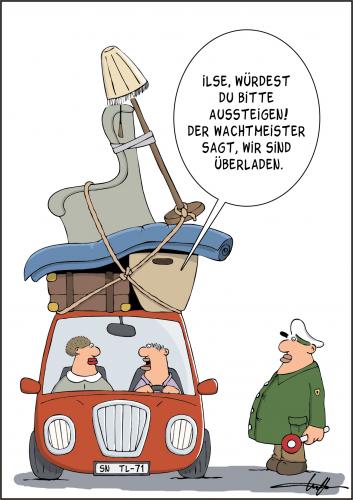 Cartoon: Überladen (medium) by luftzone tagged cartoon,frau,mann,polizei,kontrolle,überladen,koffer,lampe,auto,car,teppich,sessel,verkehr,auto,fahrzeug,polizei,überladen,gepäck,ballast,gewicht,regeln,verkehrsregeln,mann,frau,beziehung,kontrolle,polizeikontrolle,mausefalle,übergewicht