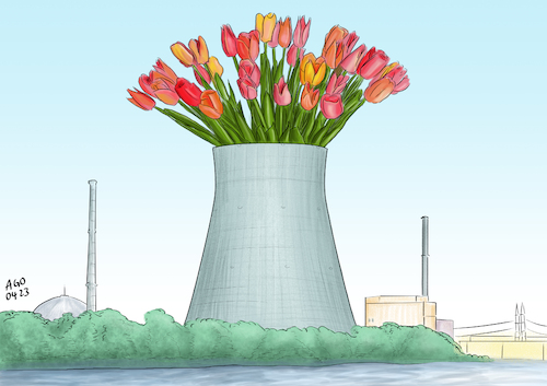 Cartoon: AKW Ade (medium) by Ago tagged bundesregierung,ampel,spd,grüne,fdp,klimapolitik,ausstieg,atomkraft,abschaltung,letzte,atomkraftwerke,akw,kühlturm,wirtschaft,warnung,engpässe,versorgung,strom,blumenstrauß,abschied,blumenvase,natur,umwelt,politik,caricature,karikatur,cartoon,pressezeichnung,illustration,ago,agostino,natale,bundesregierung,ampel,spd,grüne,fdp,klimapolitik,ausstieg,atomkraft,abschaltung,letzte,atomkraftwerke,akw,kühlturm,wirtschaft,warnung,engpässe,versorgung,strom,blumenstrauß,abschied,blumenvase,natur,umwelt,politik,caricature,karikatur,cartoon,pressezeichnung,illustration,ago,agostino,natale