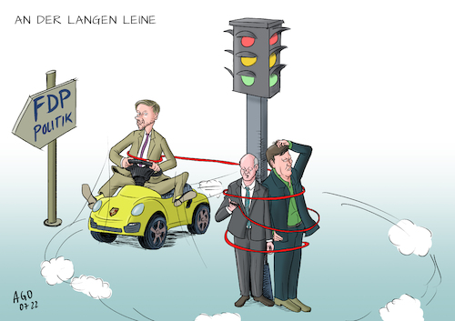 Cartoon: An der - sehr - langen Leine (medium) by Ago tagged regierung,ampel,koalition,bundeskanzler,scholz,spd,grünen,habeck,lindner,fdp,klima,umweltpolitik,corona,finanzen,liberale,forderungen,nachgiebigkeit,zweckbündnis,benzin,ermäßigung,efuel,aufhebung,coronamaßnahmen,schuldenbremse,sozialpolitik,nachrangig,wirtschaft,bobby,car,leine,anbinden,marterpfahl,politik,caricature,karikatur,cartoon,pressezeichnung,illustration,ago,agostino,natale,regierung,ampel,koalition,bundeskanzler,scholz,spd,grünen,habeck,lindner,fdp,klima,umweltpolitik,corona,finanzen,liberale,forderungen,nachgiebigkeit,zweckbündnis,benzin,ermäßigung,efuel,aufhebung,coronamaßnahmen,schuldenbremse,sozialpolitik,nachrangig,wirtschaft,bobby,car,leine,anbinden,marterpfahl,politik,caricature,karikatur,cartoon,pressezeichnung,illustration,ago,agostino,natale