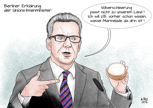 Cartoon: Berliner Erklärung (medium) by Ago tagged berliner,pfannkuchen,krapfen,erklärung,cdu,csu,innenminister,thomas,de,maiziere,katalog,forderungen,maßnahmenkatalog,zusätzliche,polizisten,videoüberwachung,telekommunikationsüberwachung,vorratsdatenspeicherung,doppelte,staatsbürgerschaft,burkaverbot,burka,vollverschleierung,verbot,teilbereiche,integration,flüchtlingspolitik,terror,terrorbekämpfung,karikatur,cartoon,illustration,tale,berliner,pfannkuchen,krapfen,erklärung,cdu,csu,innenminister,thomas,de,maiziere,katalog,forderungen,maßnahmenkatalog,zusätzliche,polizisten,videoüberwachung,telekommunikationsüberwachung,vorratsdatenspeicherung,doppelte,staatsbürgerschaft,burkaverbot,burka,vollverschleierung,verbot,teilbereiche,integration,flüchtlingspolitik,terror,terrorbekämpfung,karikatur,cartoon,illustration,tale