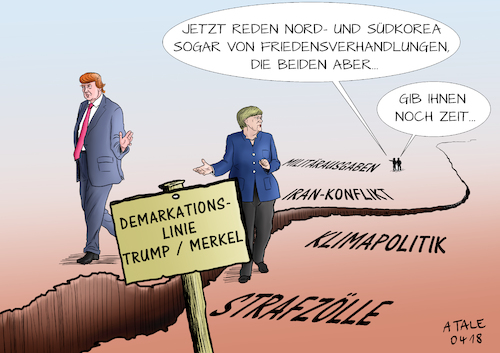 Cartoon: Demarkationslinie Trump Merkel (medium) by Ago tagged donald,trump,usa,präsident,besuch,angela,merkel,kanzlerin,deutschland,eu,differenzen,kontroversen,streit,freihandel,strafzölle,nato,verteidigung,ausgaben,iran,sanktionen,klimapolitik,abkommen,nordkorea,südkorea,gipfeltreffen,kim,jong,un,moon,entspannung,verhandlungen,abrüstung,friedensgespräche,demarkationslinie,grenze,wirtschaft,politik,karikatur,cartoon,pressezeichnung,illustration,tale,agostino,natale,donald,trump,usa,präsident,besuch,angela,merkel,kanzlerin,deutschland,eu,differenzen,kontroversen,streit,freihandel,strafzölle,nato,verteidigung,ausgaben,iran,sanktionen,klimapolitik,abkommen,nordkorea,südkorea,gipfeltreffen,kim,jong,un,moon,entspannung,verhandlungen,abrüstung,friedensgespräche,demarkationslinie,grenze,wirtschaft,politik,karikatur,cartoon,pressezeichnung,illustration,tale,agostino,natale