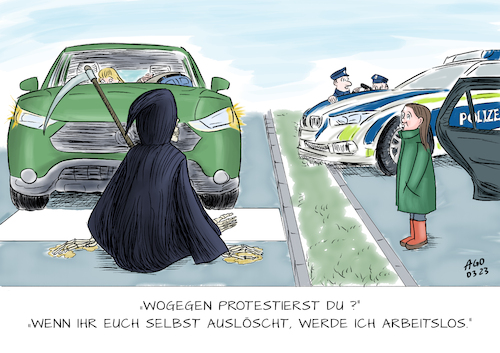 Cartoon: Der letzte  Aktivist (medium) by Ago tagged klimawandel,umweltzerstörung,aktivisten,umweltschützer,last,generation,klebeaktivisten,aktionen,proteste,blockade,verkehr,einsatz,natur,erderwärmung,auto,polizei,kind,gevatter,tod,sensenmann,auslöschung,menschheit,arbeitslos,politik,caricature,karikatur,cartoon,pressezeichnung,illustration,ago,agostino,natale,klimawandel,umweltzerstörung,aktivisten,umweltschützer,last,generation,klebeaktivisten,aktionen,proteste,blockade,verkehr,einsatz,natur,erderwärmung,auto,polizei,kind,gevatter,tod,sensenmann,auslöschung,menschheit,arbeitslos,politik,caricature,karikatur,cartoon,pressezeichnung,illustration,ago,agostino,natale