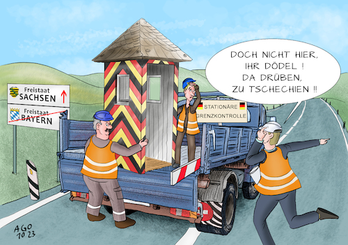 Cartoon: Deutsche Einheit (medium) by Ago tagged deutschland,feiertag,einheit,wiedervereinigung,ddr,osten,neue,bundesländer,diskussionen,differenzen,animositäten,gleichbehandlung,chancengleichheit,migration,flüchtlinge,verschärfung,asylrecht,eu,forderungen,abschottung,stationäre,grenzkontrolle,dreiländereck,sachsen,bayern,tschechien,bauarbeiter,lastwagen,grenzhäuschen,politik,caricature,karikatur,cartoon,pressezeichnung,illustration,ago,agostino,natale,deutschland,feiertag,einheit,wiedervereinigung,ddr,osten,neue,bundesländer,diskussionen,differenzen,animositäten,gleichbehandlung,chancengleichheit,migration,flüchtlinge,verschärfung,asylrecht,eu,forderungen,abschottung,stationäre,grenzkontrolle,dreiländereck,sachsen,bayern,tschechien,bauarbeiter,lastwagen,grenzhäuschen,politik,caricature,karikatur,cartoon,pressezeichnung,illustration,ago,agostino,natale