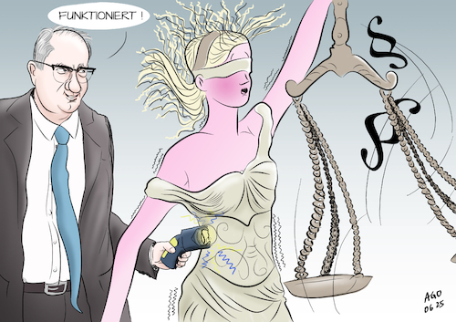 Cartoon: Dobrindts Elektrotherapie (medium) by Ago tagged bundesregierung,cdu,csu,spd,innenminister,dobrindt,migrationspolitik,asyl,verschärfung,grenzkontrollen,zurückweisung,verwaltungsgericht,urteil,rechtswidrig,forderung,einführung,taser,elektroschocker,bundespolizei,justitia,allegorie,symbol,justiz,paragraphen,politik,karikatur,cartoon,pressezeichnung,illustration,ago,agostino,natale,bundesregierung,cdu,csu,spd,innenminister,dobrindt,migrationspolitik,asyl,verschärfung,grenzkontrollen,zurückweisung,verwaltungsgericht,urteil,rechtswidrig,forderung,einführung,taser,elektroschocker,bundespolizei,justitia,allegorie,symbol,justiz,paragraphen,politik,karikatur,cartoon,pressezeichnung,illustration,ago,agostino,natale